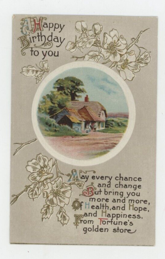 Vintage Birthday Postcard   FLOWERS    HOUSE  GOLD    EMBOSSED  UNPOSTED