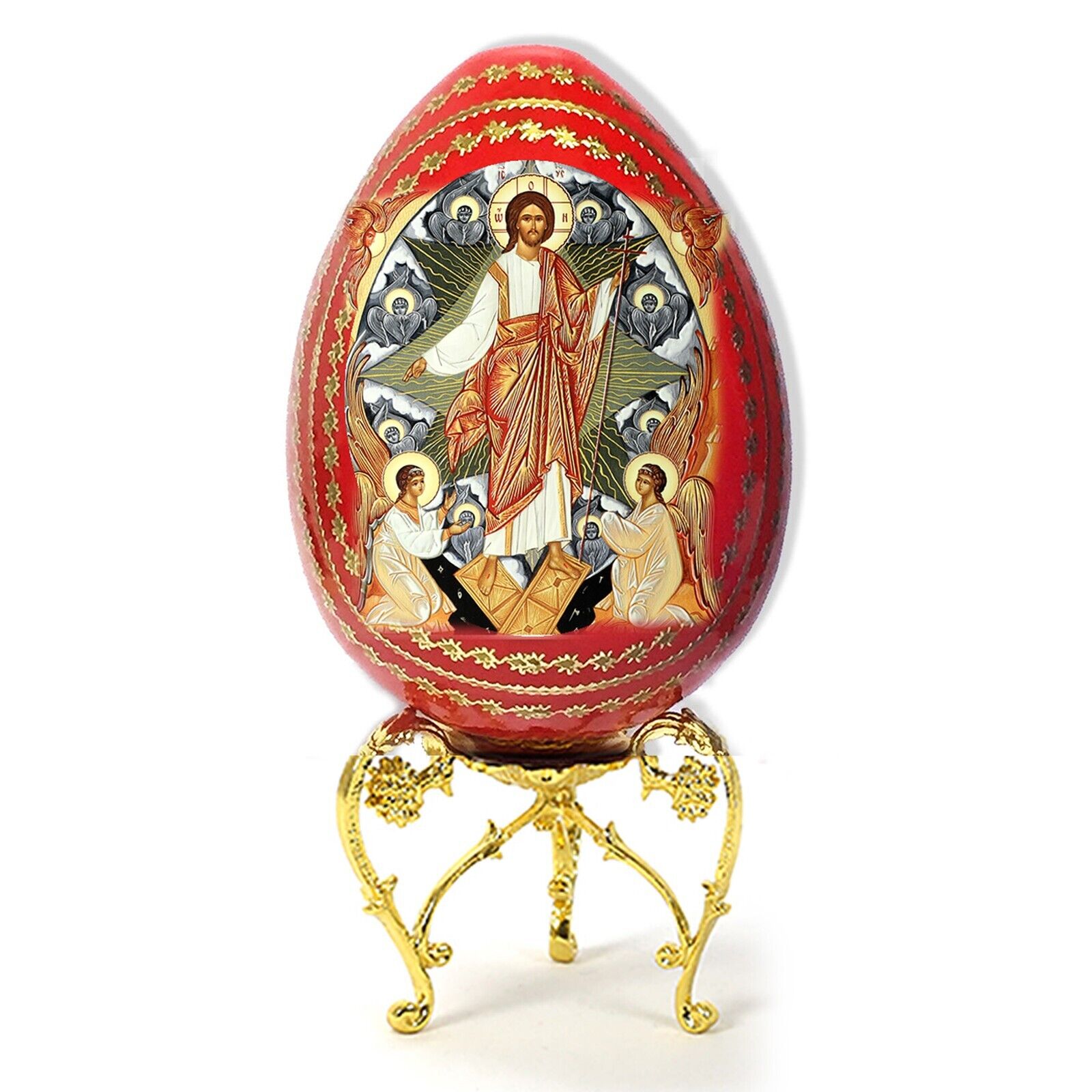 Red Easter Egg Resurrection of Christ Hand made Gold metal Stand Easter Gift