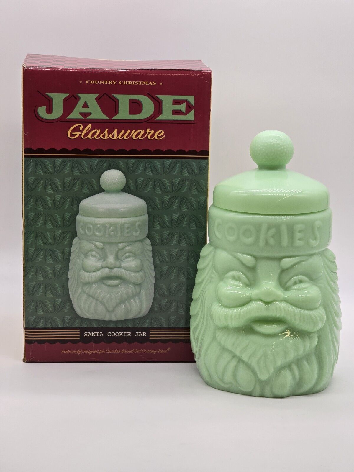 Jadeite Glass Santa Cookie Jar Vintage Cracker Barrel Jadite New Old Stock VHTF