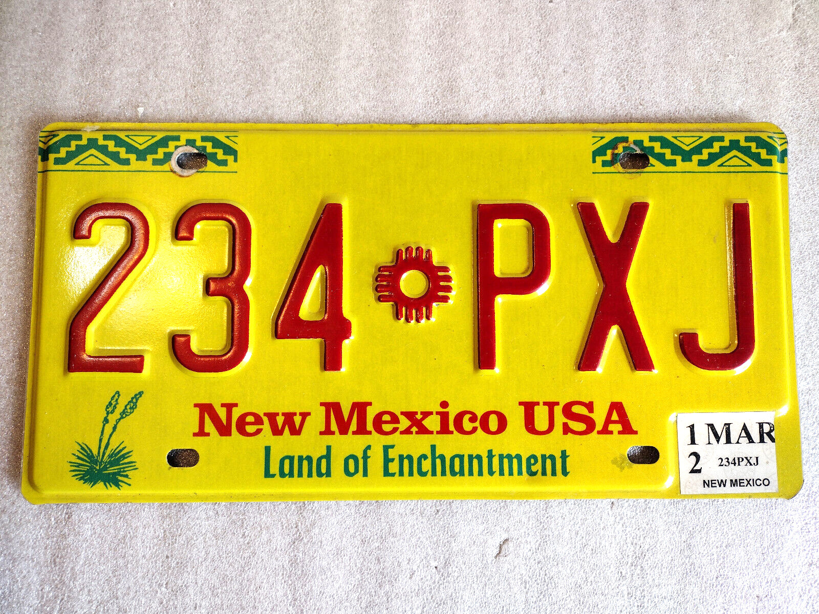 2012 New Mexico License Plate Yellow Red Land of Enchantment 234 PXJ