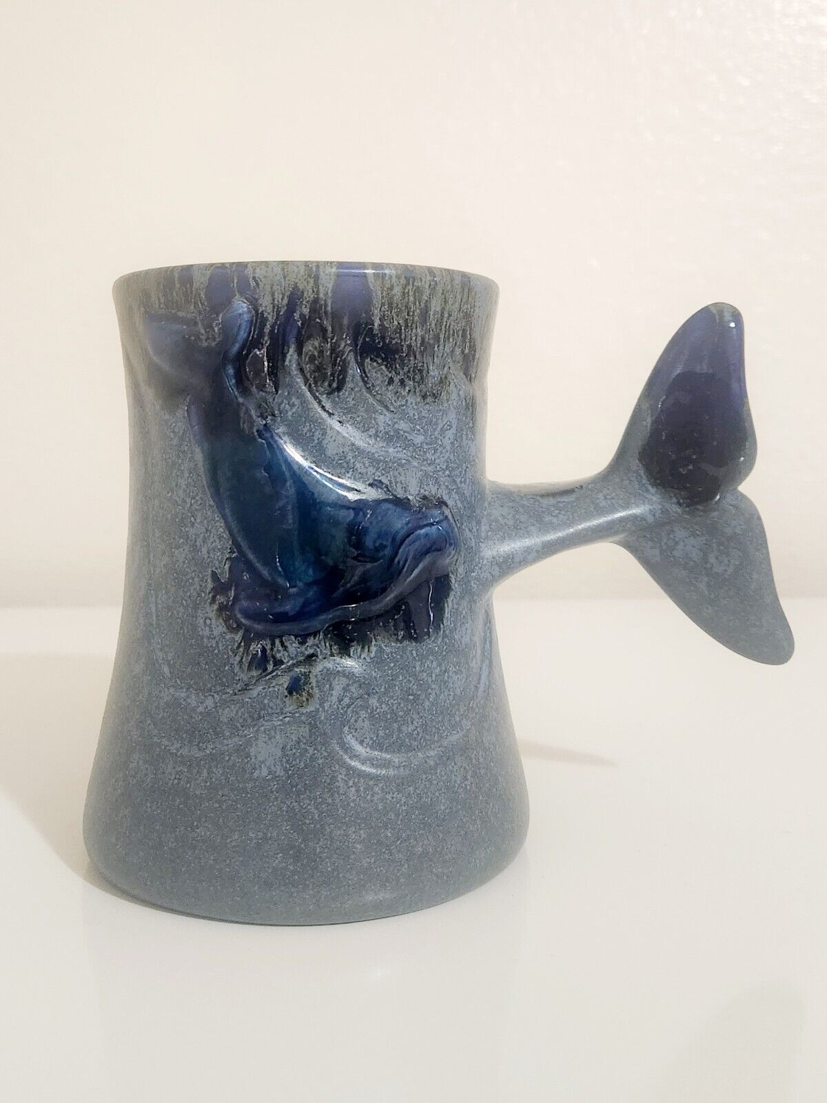 Vintage Doug Wiley Blue Whale Tail Drip Glaze Tankard Sea Foam Extra Large Mug 