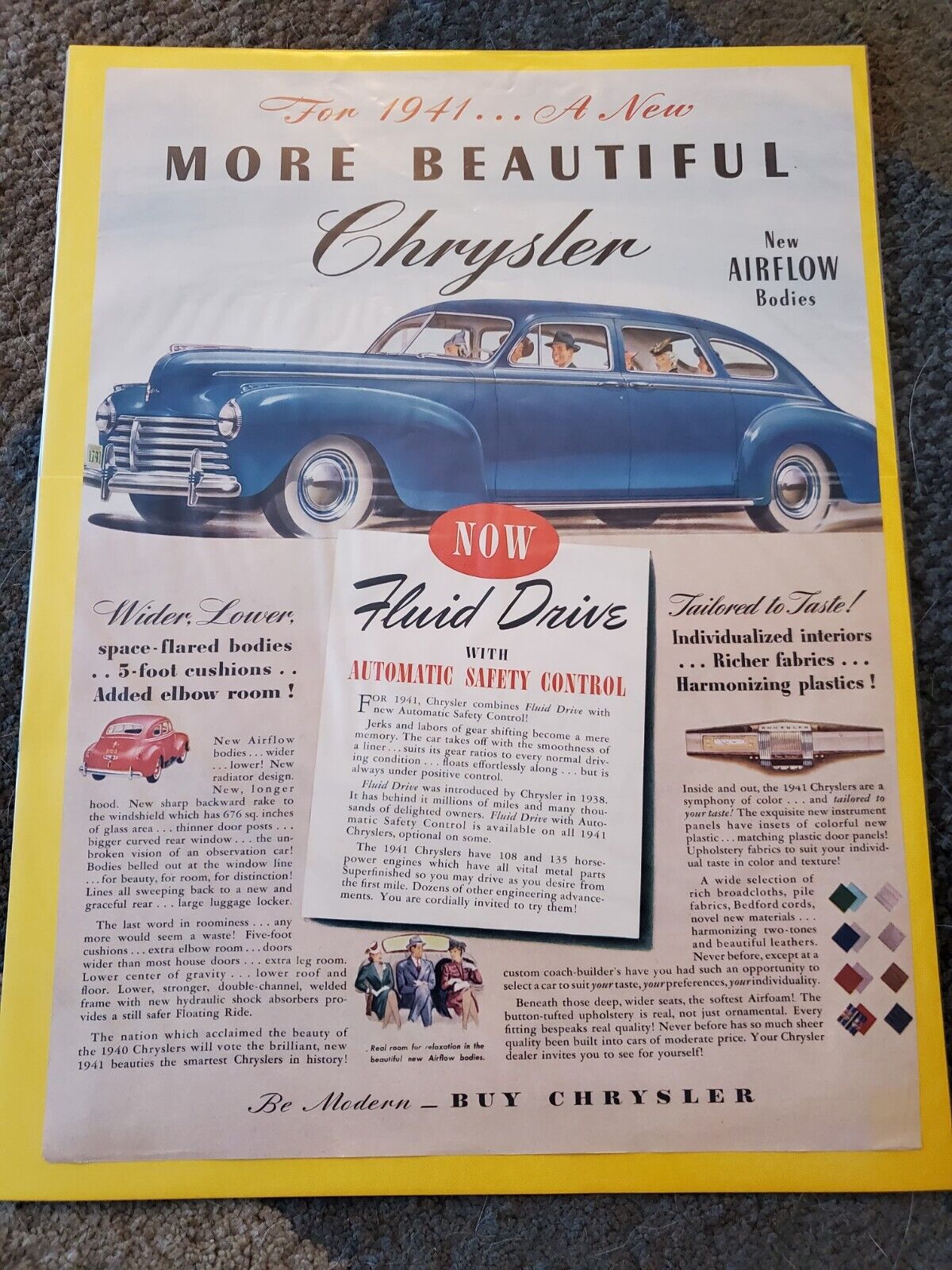 VTG 1941 Magazine Ad CHRYSLER Car For \'41 Fluid Drive Airflow Bodies Automotive 