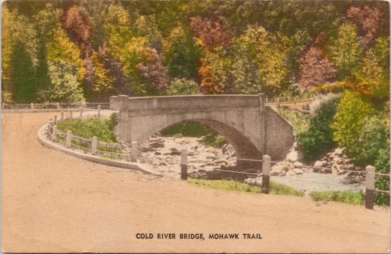 Mohawk Trail MA Hand Colored Cold River Bridge Unused Massachusetts Postcard 922