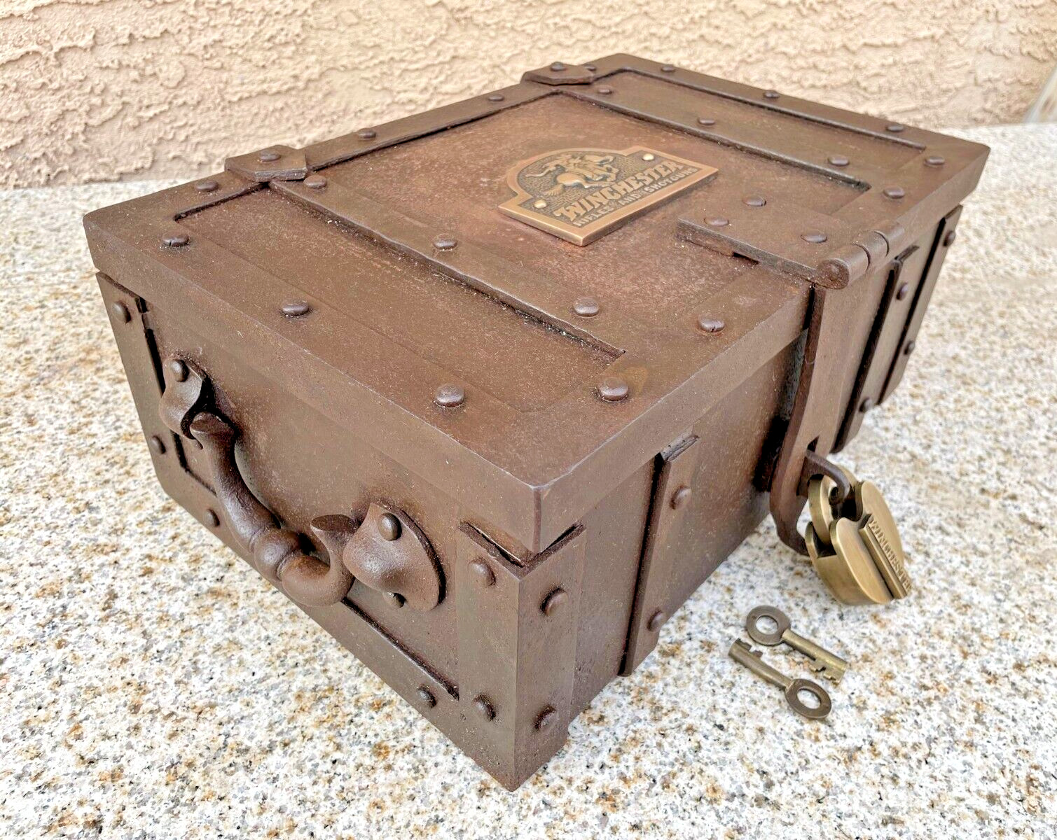 Cast Iron Strong Box with Winchester Plaque and Brass Winchester Padlock Rustic
