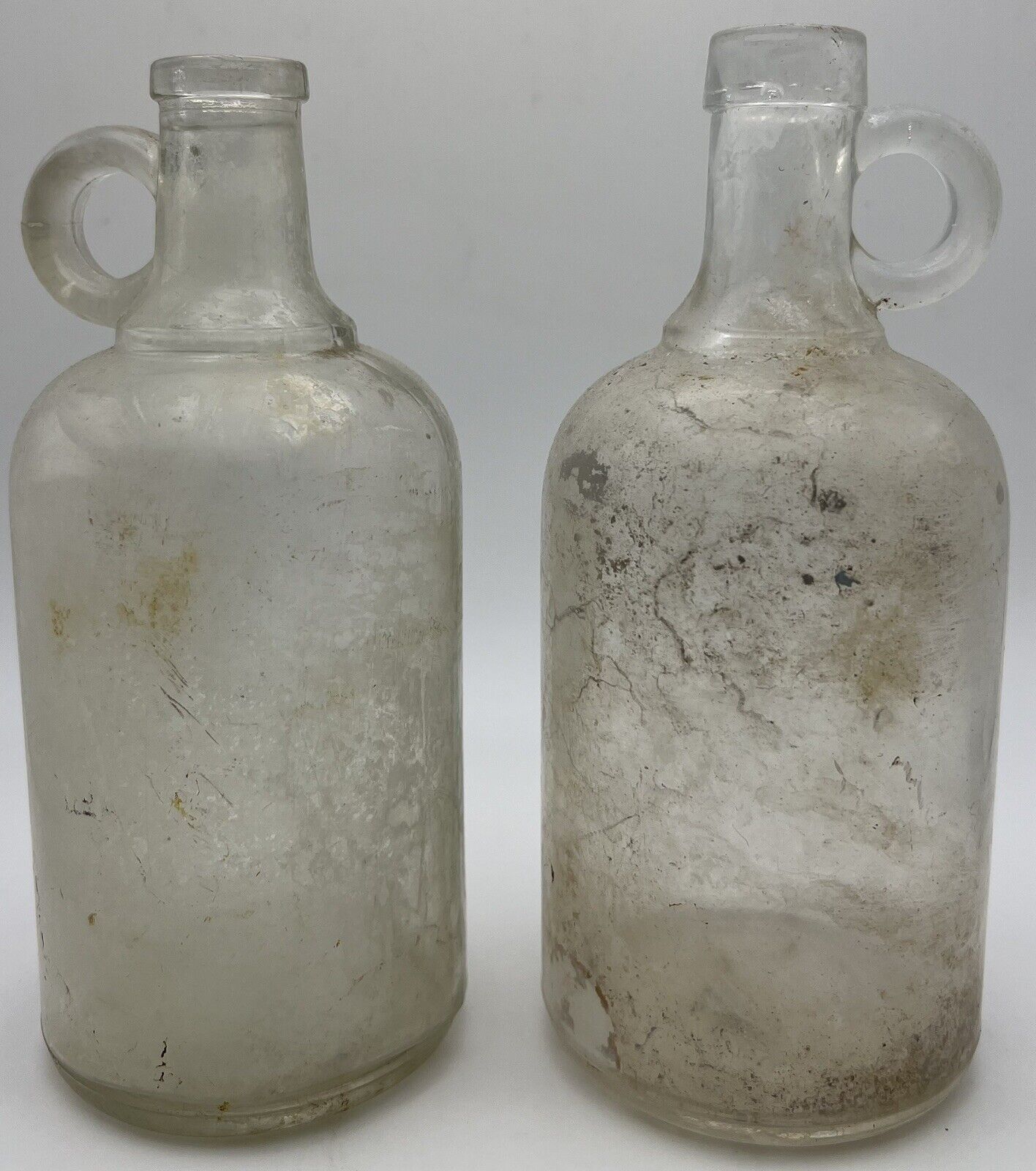 Vintage Pair Of Clear Glass Bottles With Handles Vinegar 