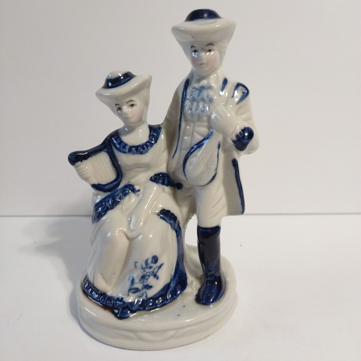 Vintage Blue & White Porcelain Figurine Victorian Couple w/Musical Instruments