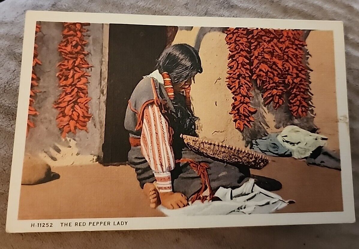 The Red Pepper Lady Pueblo Native American Women Kneeling Vtg Linen Postcard