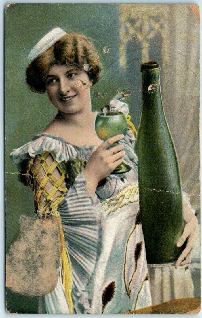Postcard - Woman holding a glass and bottle Art Print