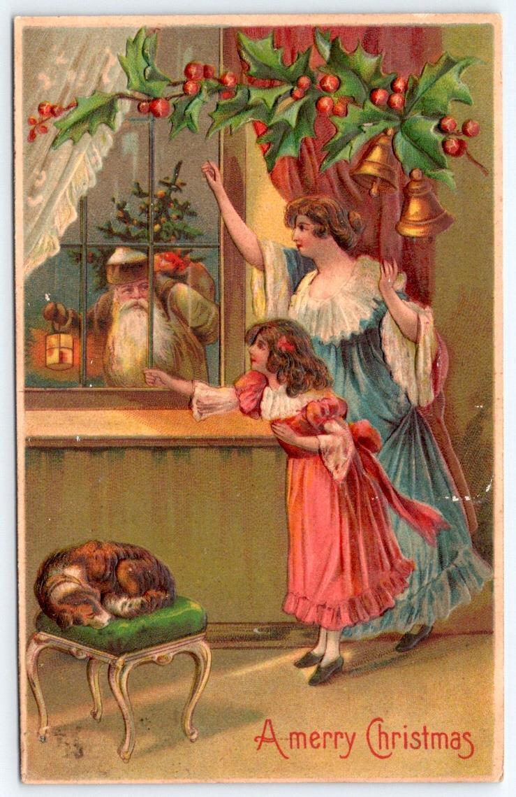1910's SANTA CLAUS BROWN COAT MERRY CHRISTMAS EMBOSSED GERMANY ANTIQUE POSTCARD