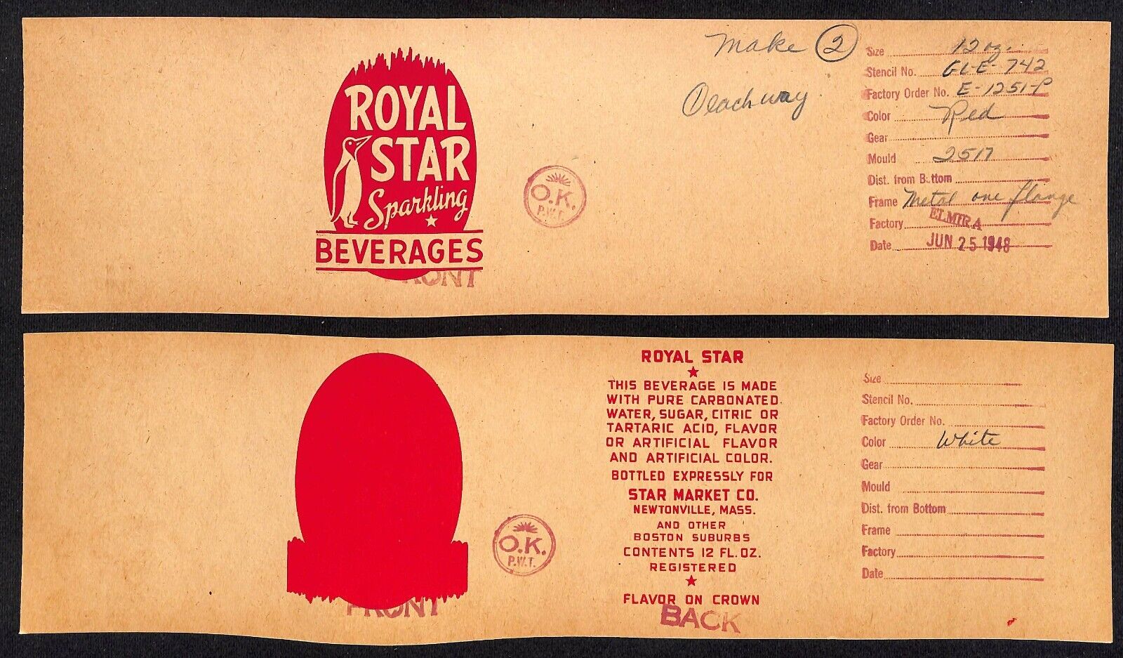 Royal Star Beverages 1948 Newtonville ACL Bottle Printer\'s Stencil Mould Cards