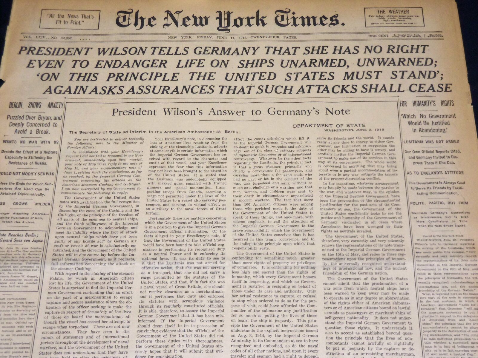 1915 JUNE 11 NEW YORK TIMES - WILSON TELLS GERMANY NO RIGHT TO ENDANGER- NT 7699