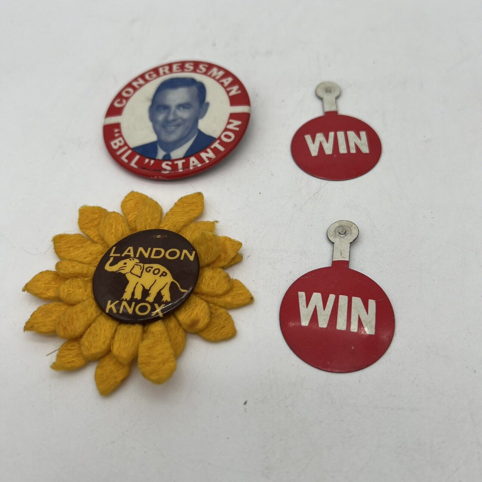 Vintage Alf Landon Sunflower, Bill Stanton, And WIN Pins/Bend Backs