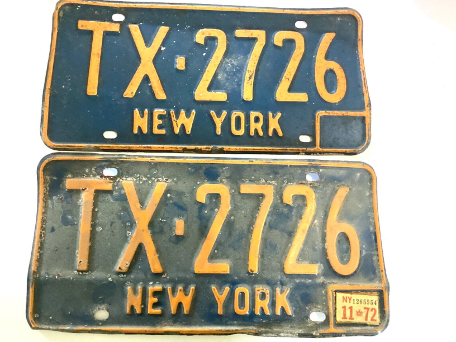1972 New York License Plates Tag Original TX-2726 Matching Set Vintage Rustic