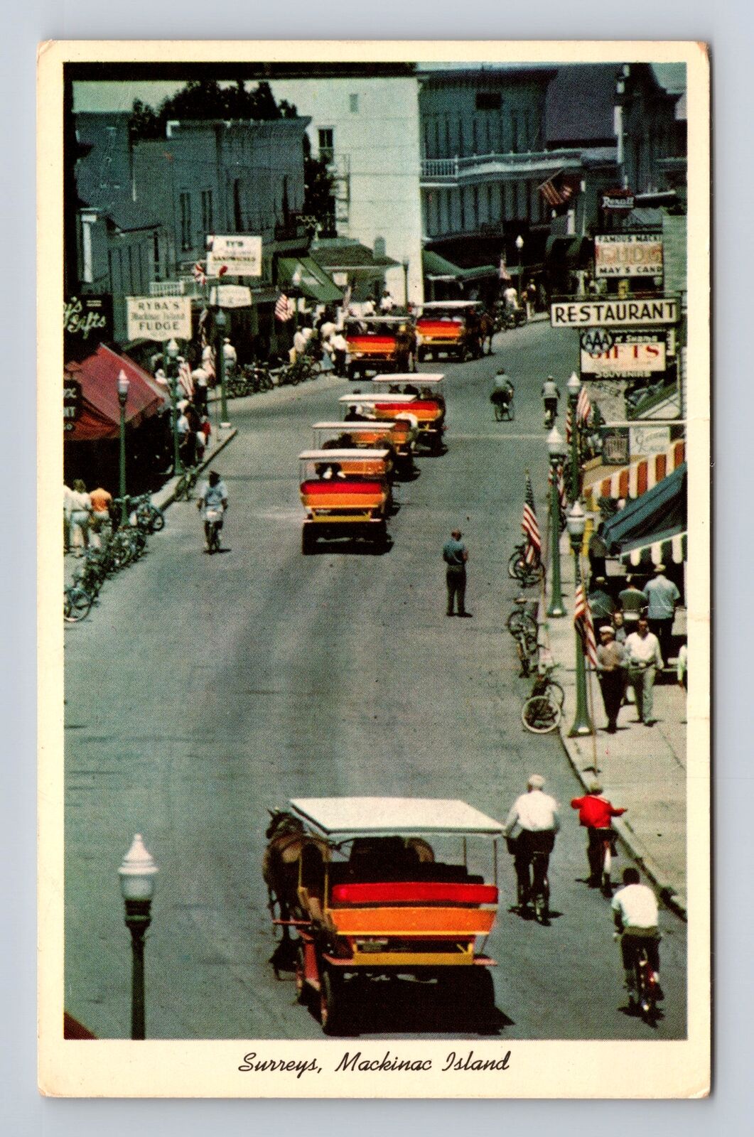 Mackinac Island MI-Michigan, Surreys along Streets, Vintage Souvenir Postcard