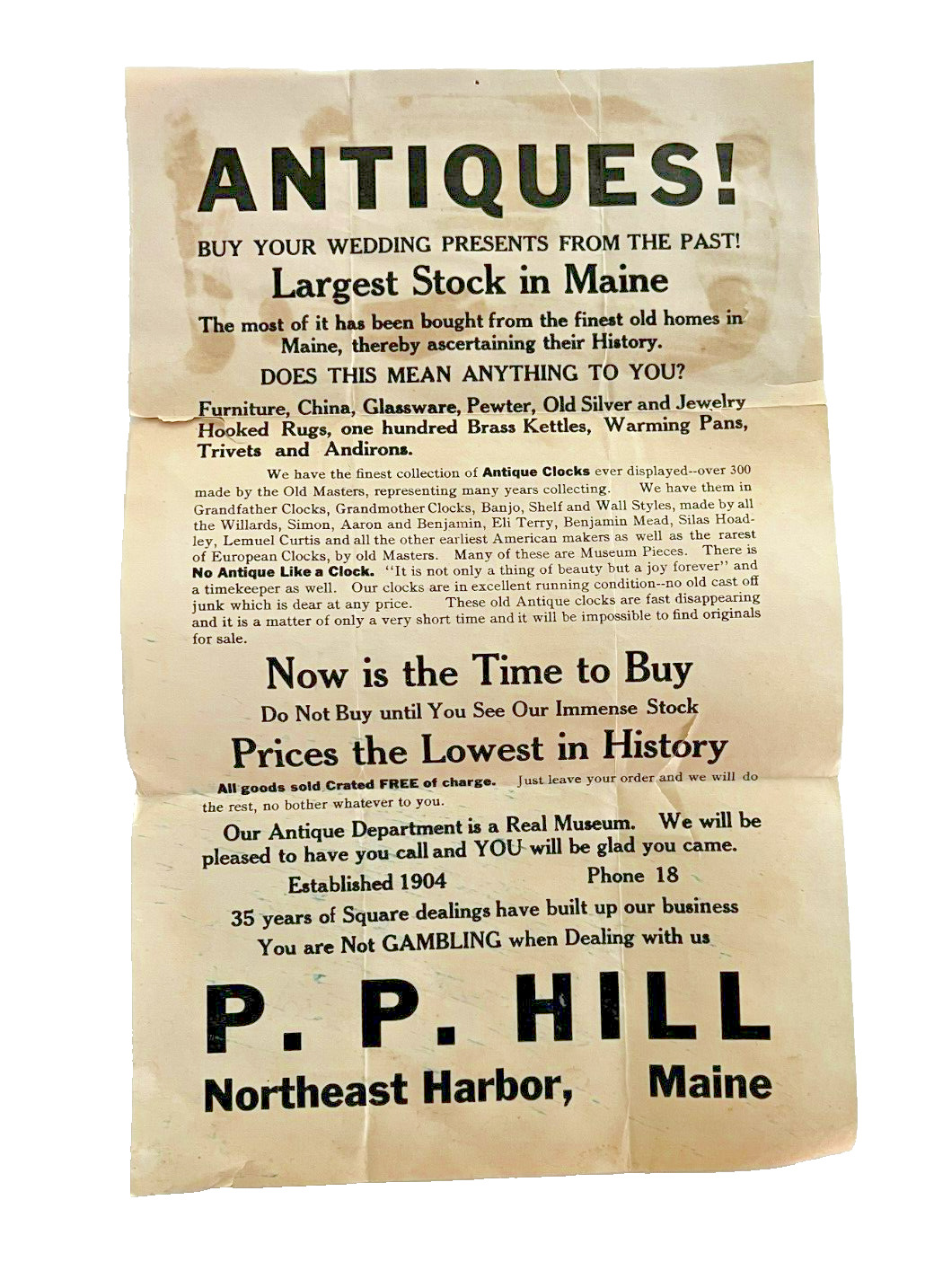 Antique 1900's Antiques Advertisement Flyer P.P. Hill Northeast Harbor Maine
