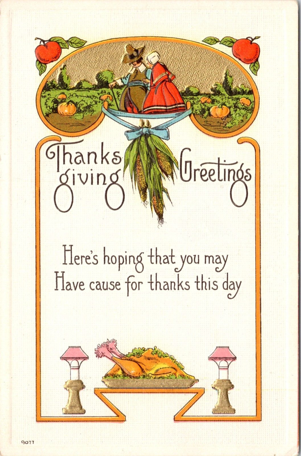 c1913 THANKSGIVING GREETINGS Pilgrims Pumpkin Field Arts & Crafts Postcard 461b