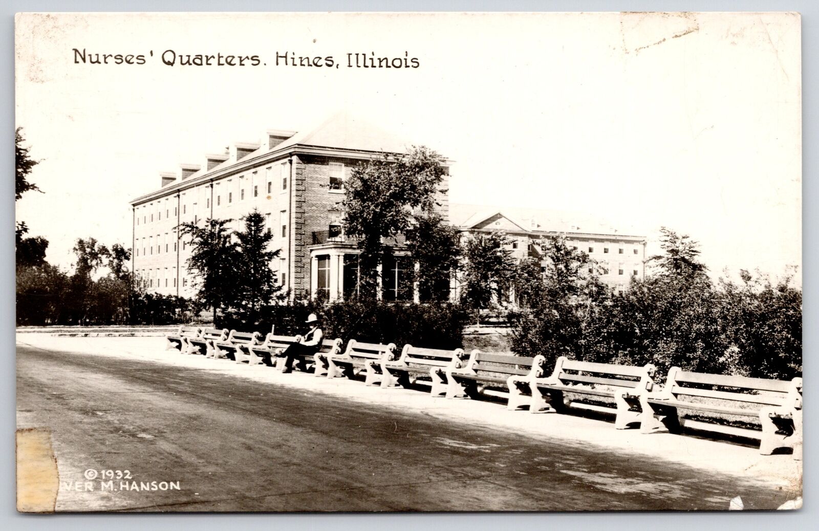 Hines Illinois~Hospital~Nurses\' Quarters~Benches Along Road~1932 RPPC