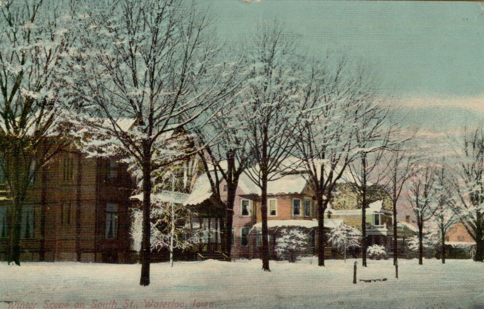 Postcard Waterloo Iowa IA Winter Scene On South Street 1910 Vintage READ