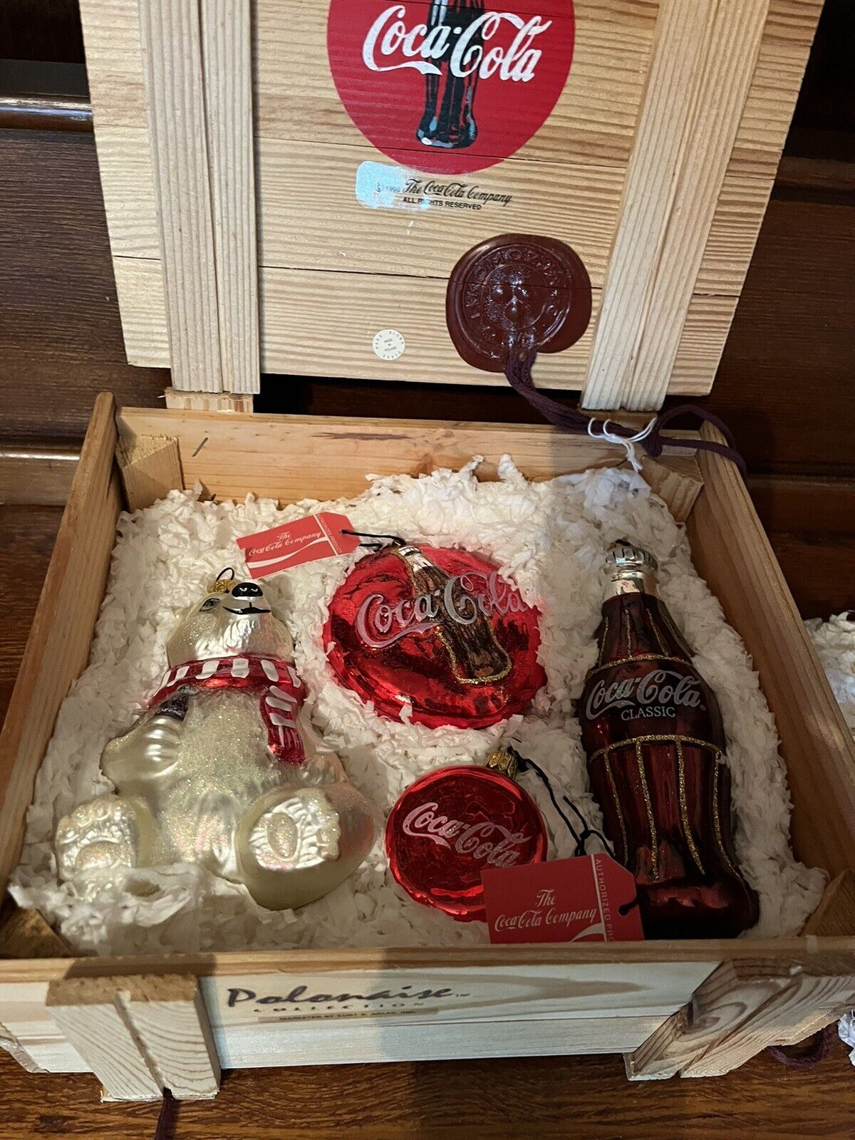 1996 Kurt Adler Christmas Polonaise Blown Glass Coca Cola Ornaments W/wooden box