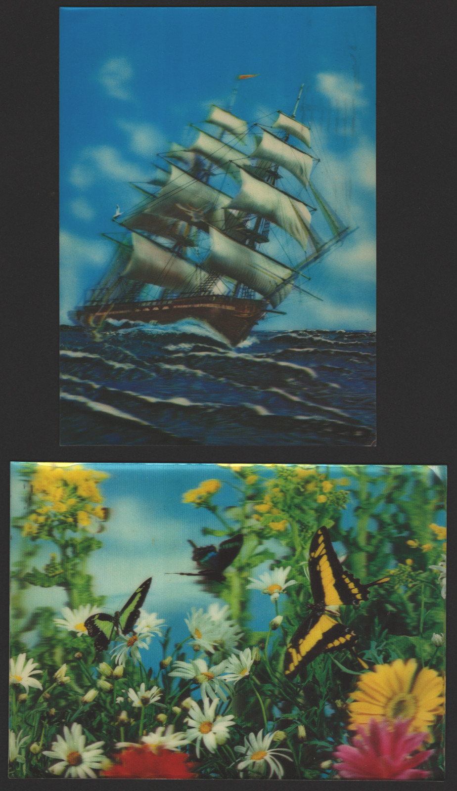 Pair of 3D Postcards c1970s Sailing Ship (Lenticular) Flowers Butterflies