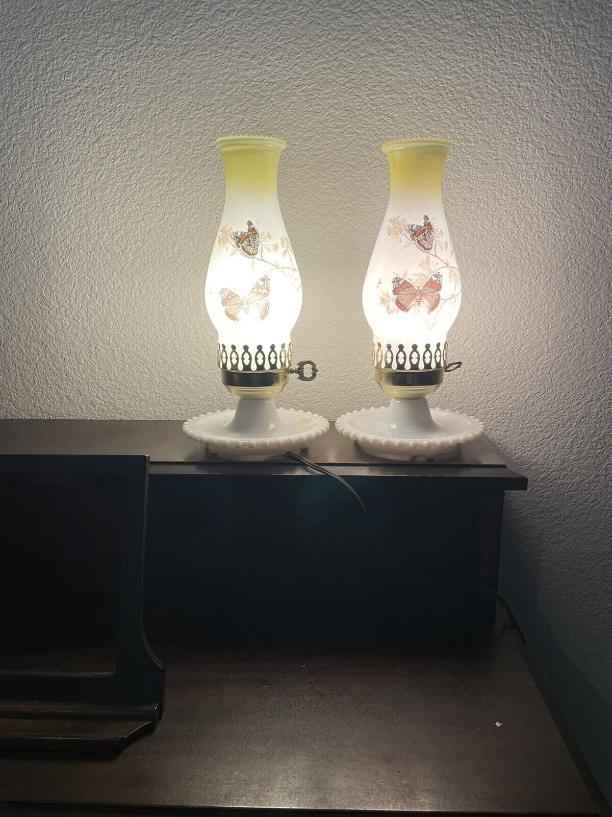 Pair Vintage Milk Glass Hurricane Lamps with Gold Flowers