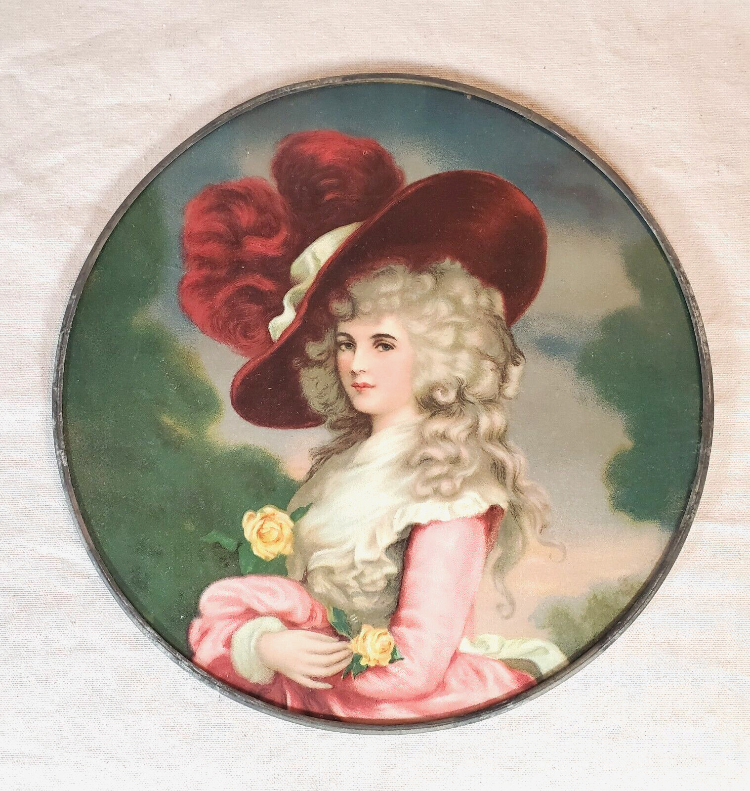 Antique Flue Cover Print 18th Century French Lady in Pink in Metal Frame 9 3/4\