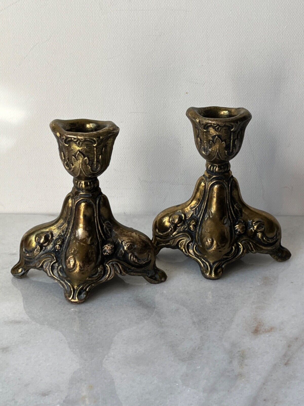 Antique Vintage French Rococo Footed Brass Gilt  Candlestick Holders 3.75\