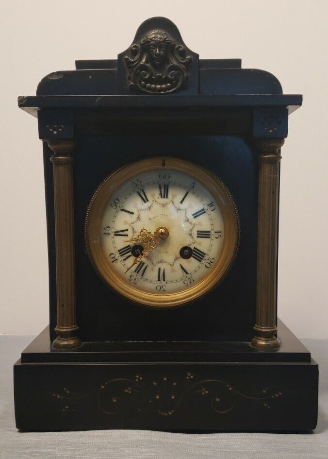 Antique Japy Freres French Victorian Mantle Clock - Granite / Slate W Mech PARIS