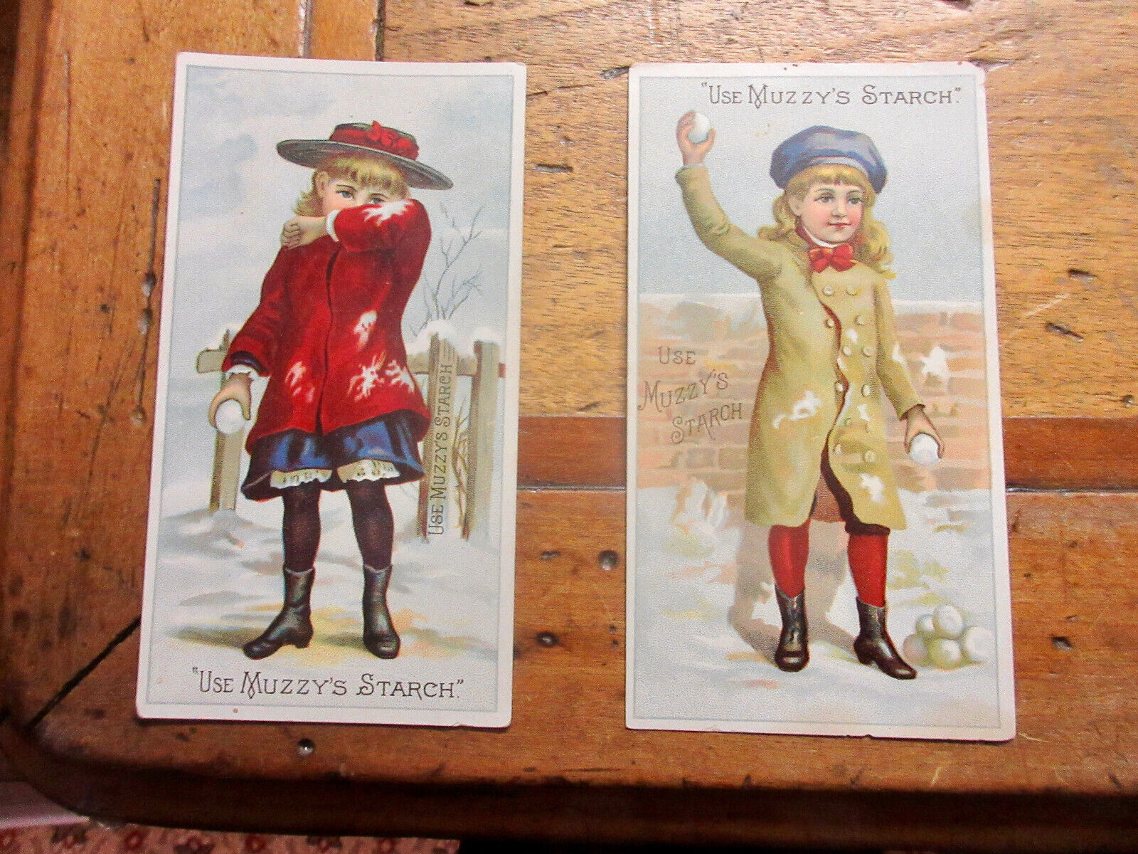 Antique Victorian Era 1880\'s  ~ 2 MUZZY\'S CORN STARCH TRADE CARDS SNOWBALLS