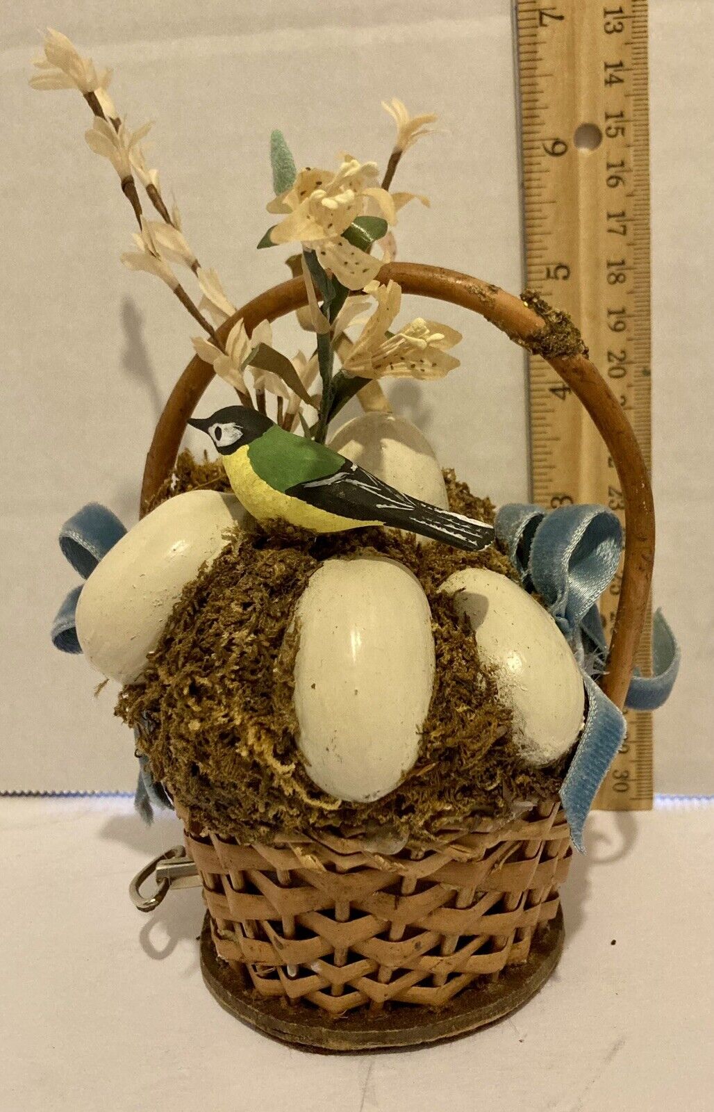 Charming Vintage Musical Easter Spring Basket Bird Flowers 6”