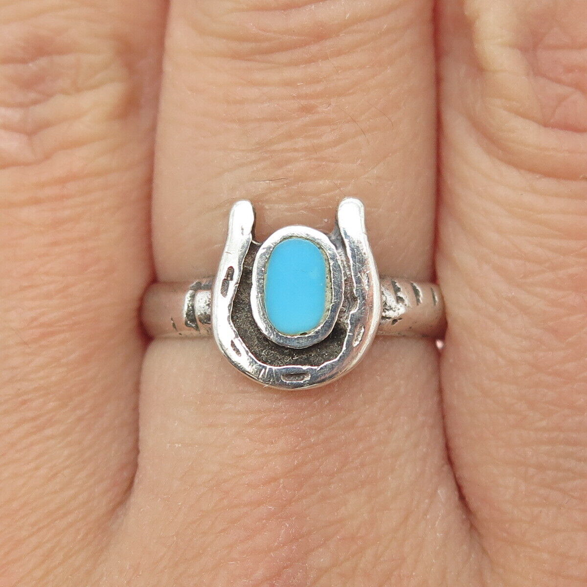 Old Pawn Navajo Sterling Silver Vintage Turquoise Horseshoe Lucky Ring Size 8.5