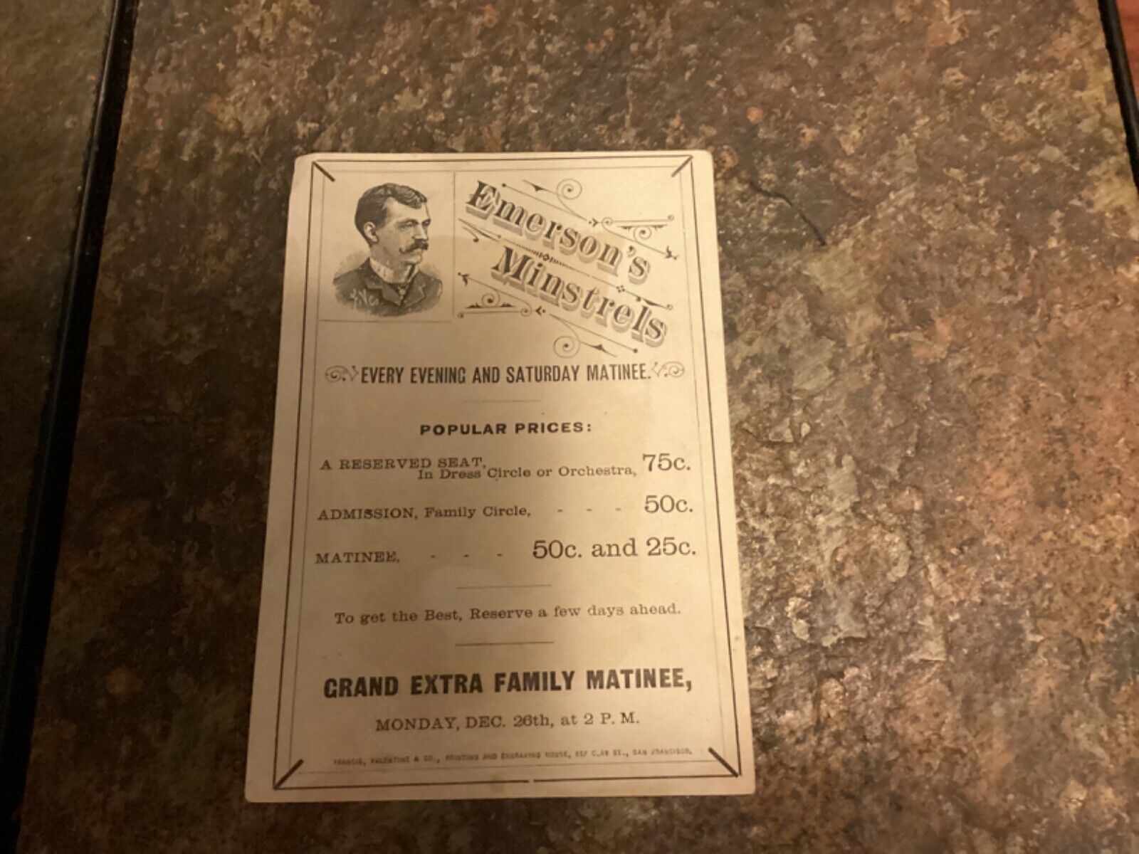 Rare 1880s Emerson\'s Minstrels Illustrated Price Card