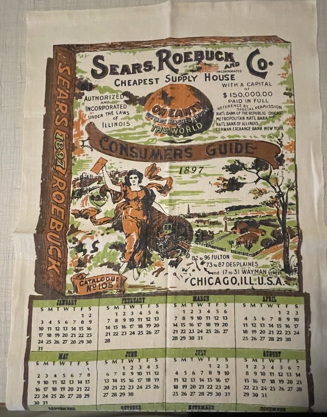 VTG 1897 Linen Wall Calendar Sears, Roebuck & Co. Kitchen Tea Towel