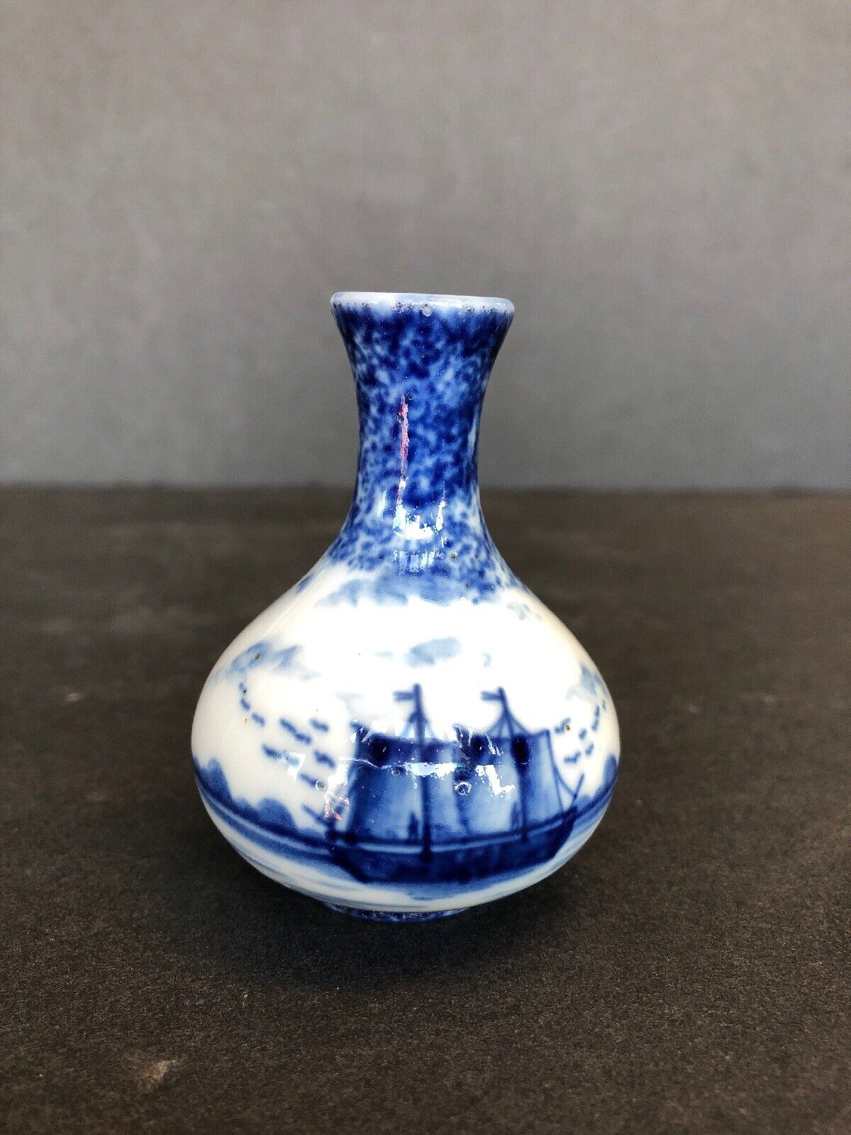 Vintage Antique Miniature Blue And White Flower Vase With Sailing Ship