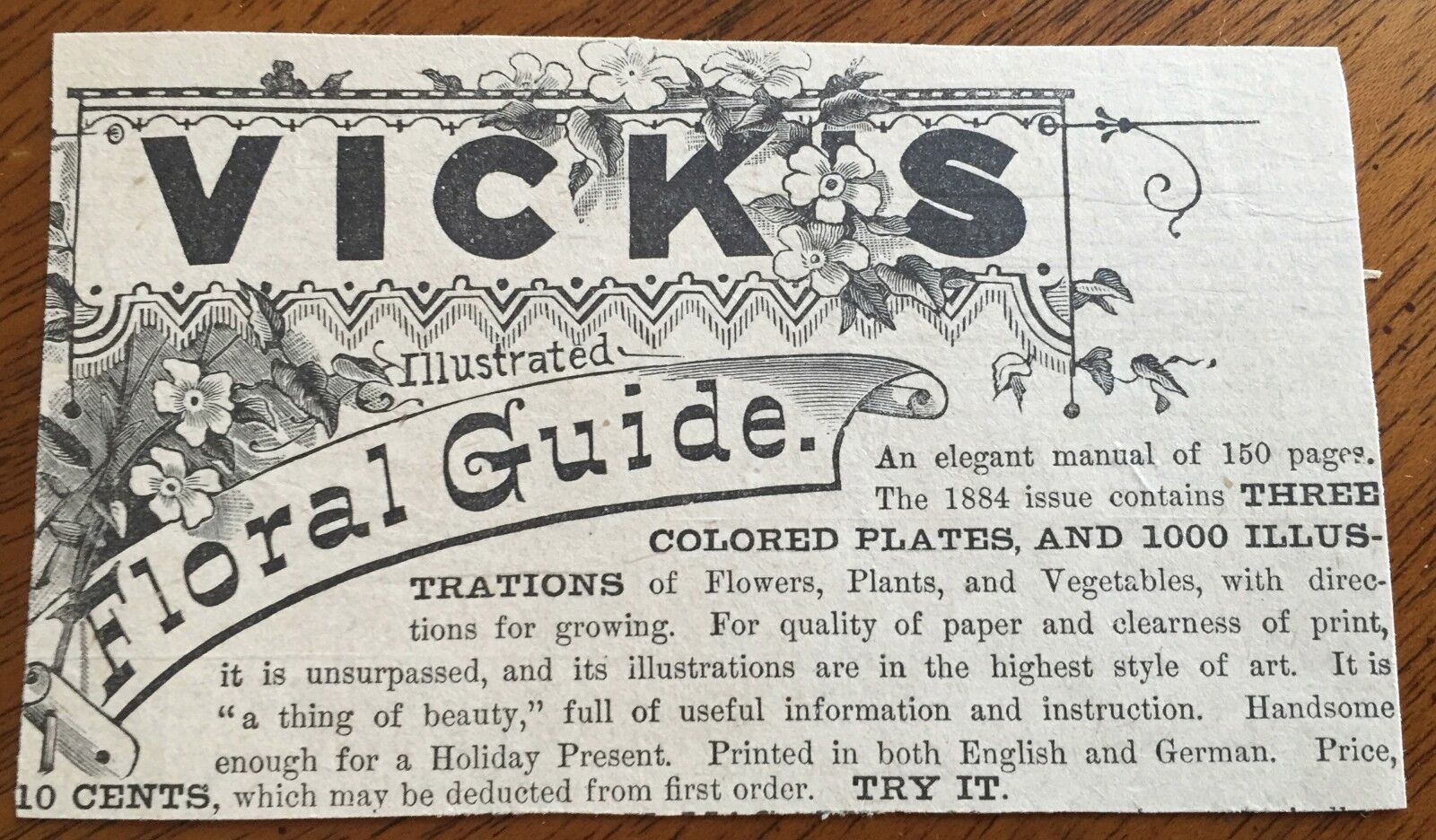 Rare Antique 1884 Newspaper Ad for VICK\'S Illustrated FLORAL GUIDE