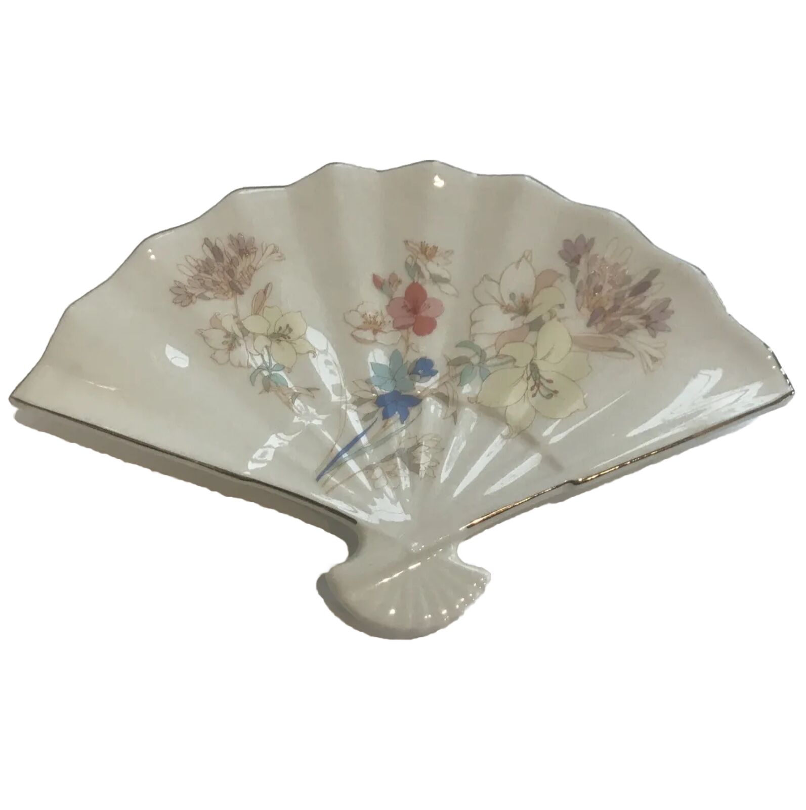Vintage Porcelain Fan Shaped Candy Nuts Dish Gold Trim 9 3/4 X 6 3/4 Japan Gift