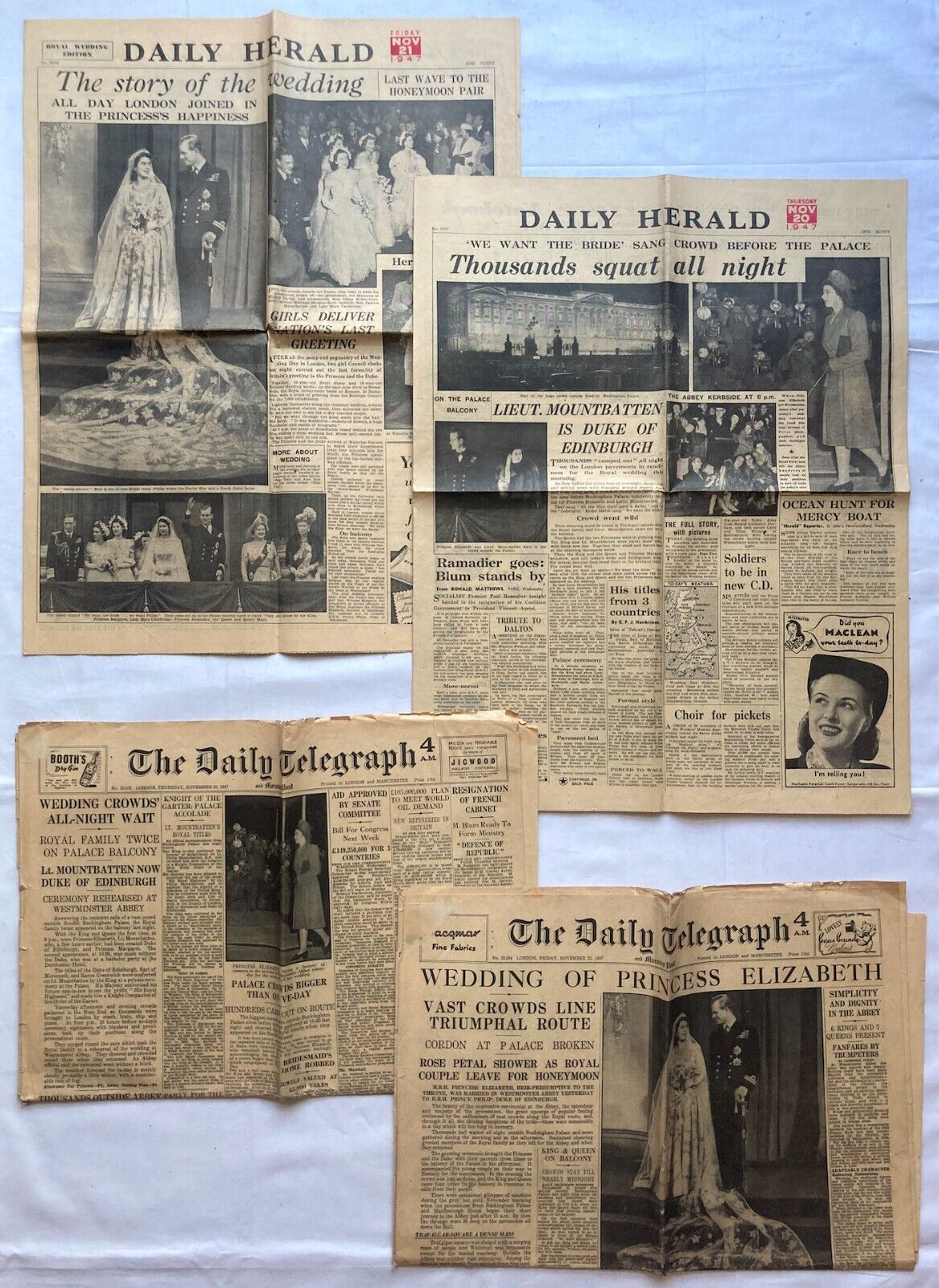 Original NEWSPAPERS - QUEEN ELIZABETH & PRINCE PHILIP - WEDDING - 4PCS - 1947