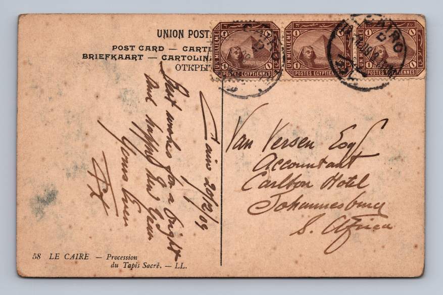 Antique Cairo Egypt PC Cover to Johannesburg South Africa Carlton Hotel 1909