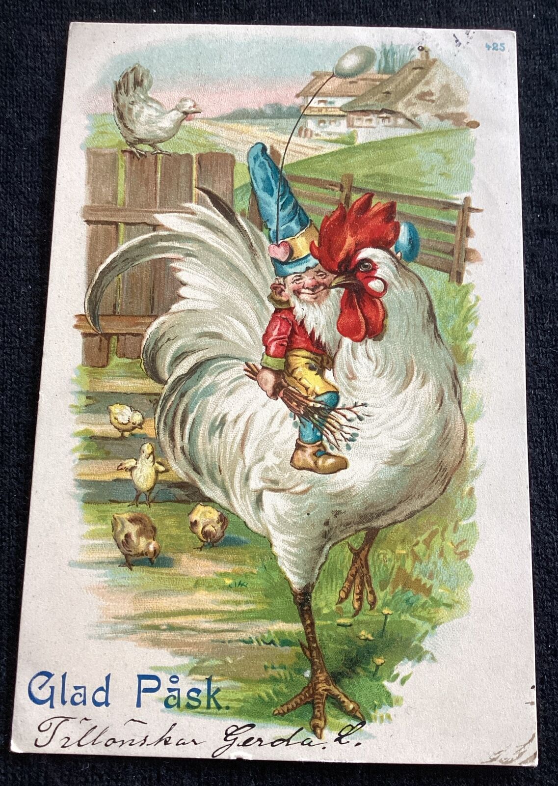 Vintage Swedish Easter Postcard Gnome Elf Riding Rooster Chicken Glad Pask 