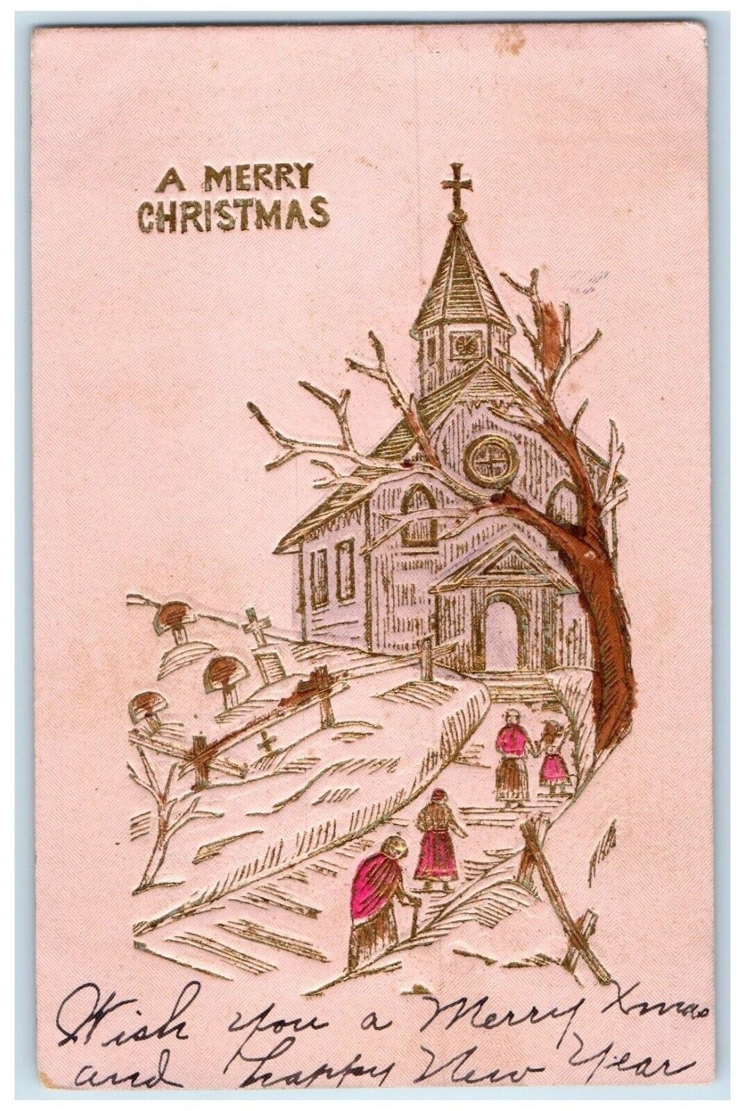 1909 Merry Christmas People Going To Church Embossed Walcott Iowa IA Postcard