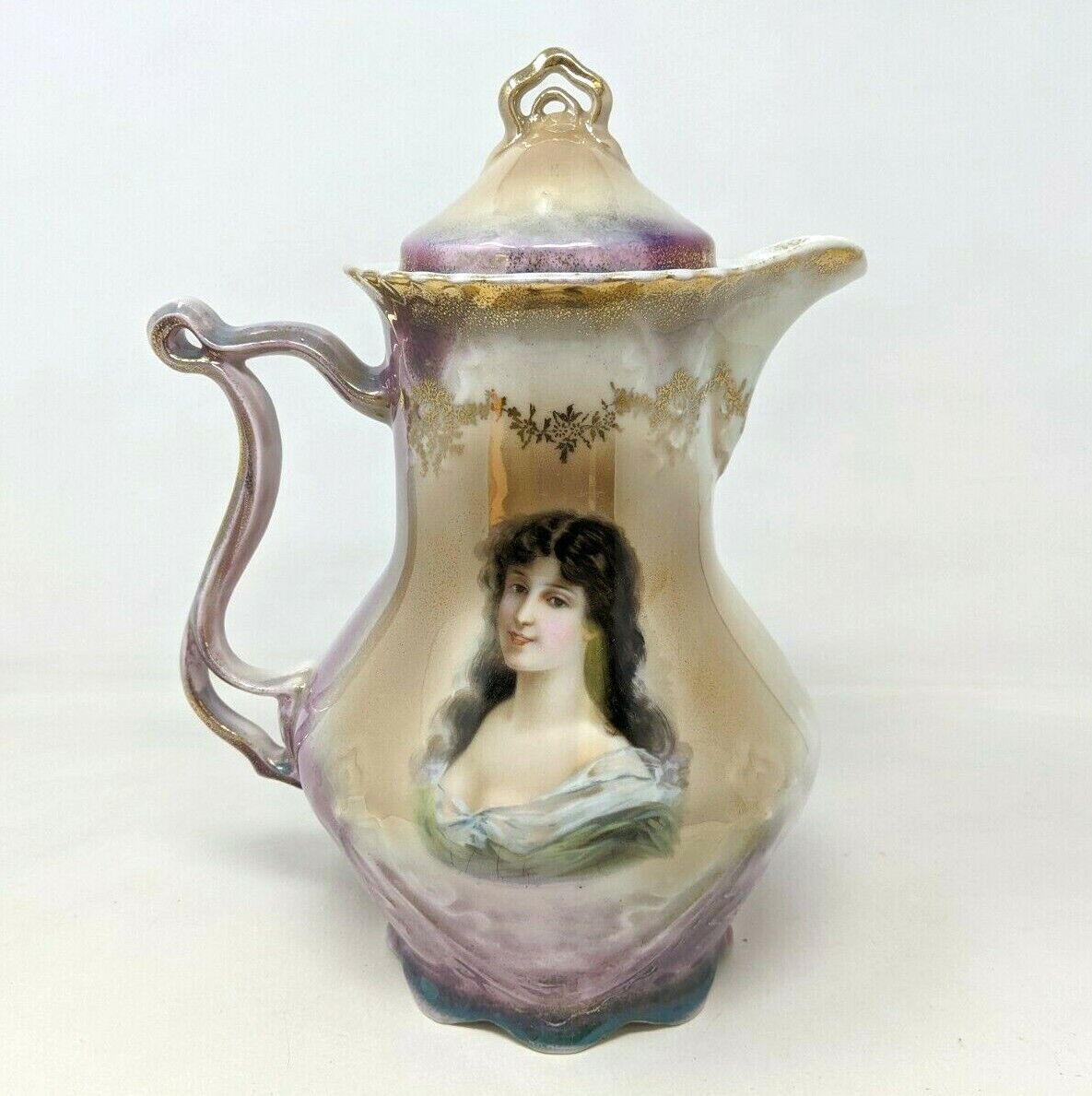 Antique Carl Tielsch CT Altwasser Lusterware Portrait Chocolate Pot Teapot HR21
