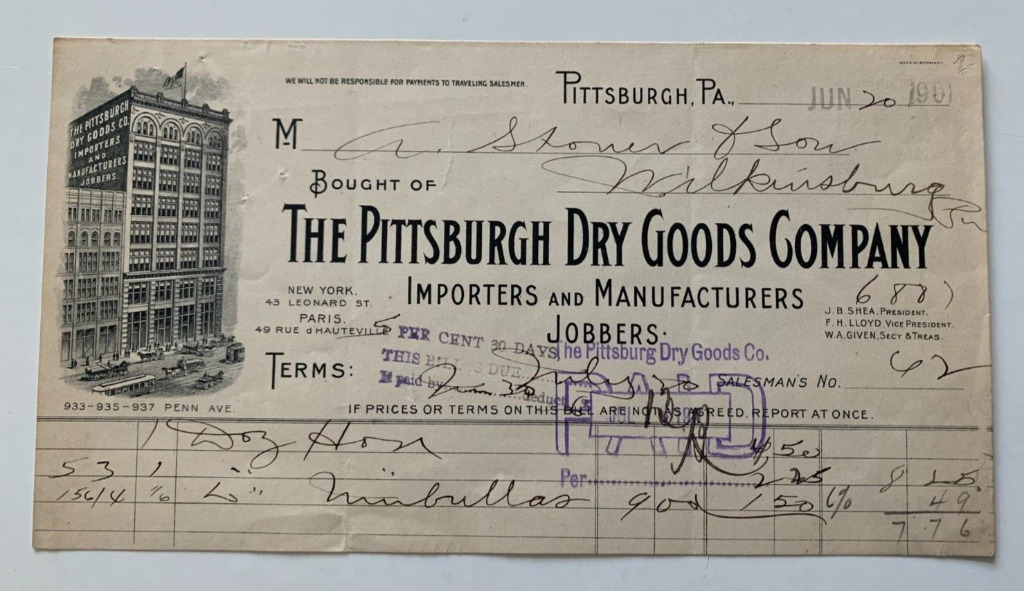 Vintage 1901 Pittsburgh PA Billhead Pittsburgh Dry Goods Co Penn Ave vignette