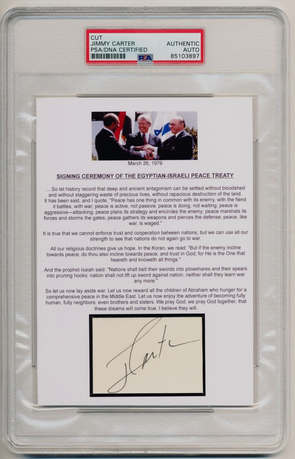 Jimmy Carter Signed Custom Display Egyptian Israeli Peace Treaty PSA/DNA Slabbed