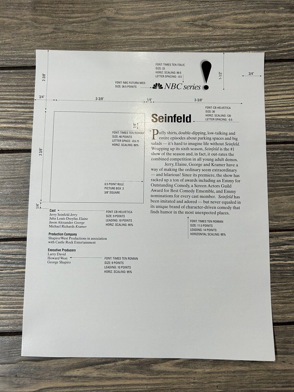 Vintage NBC Series Seinfield Fact Sheet Press Release