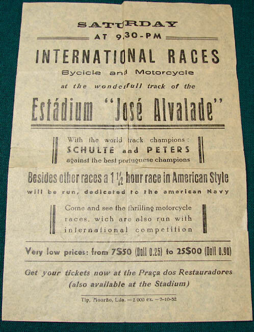 1952 LISBON PORTUGAL BICYCLE & MOTORCYCLE RACE AD FLYER