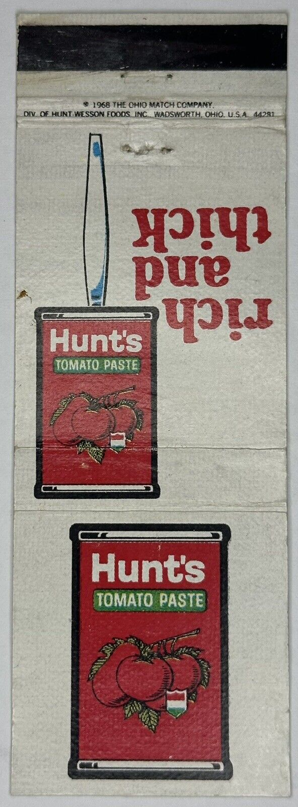 Vintage Matchbook Cover / Hunts Tomato Paste/ Advertisement / 1968