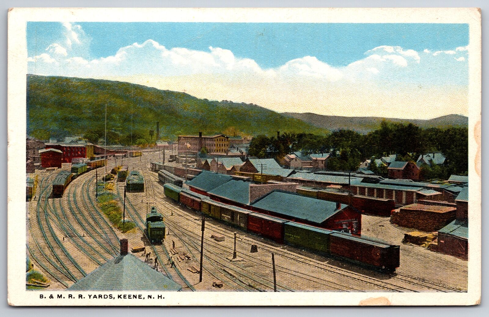 Keene NH~Boston & Maine Railroad Yards~Train Cars~Shop Buildings~c1920s PC