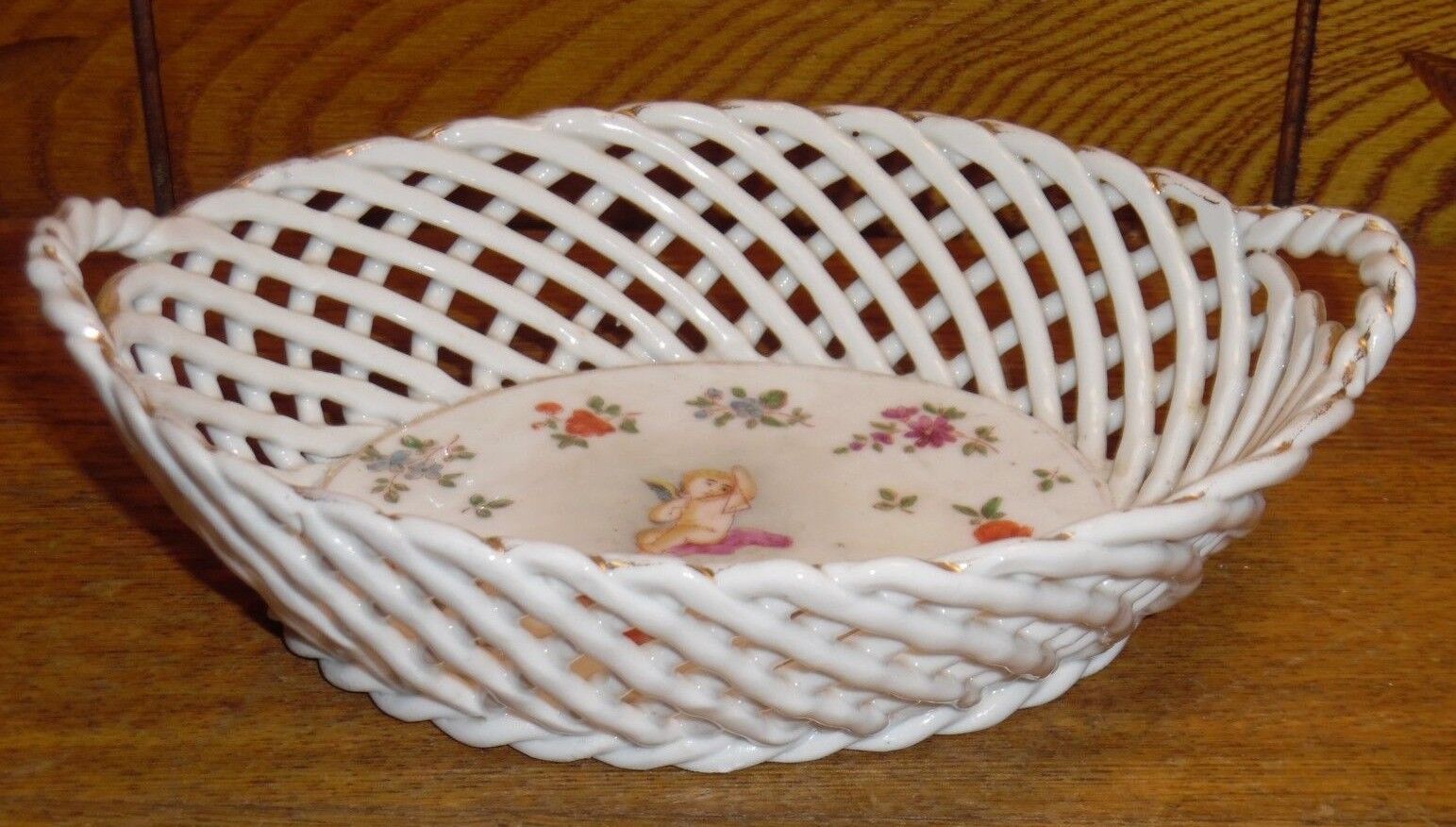 Vintage / Old Porcelain Basket Bowl w/ Cherub & Flower Decoration - 7 1/8\