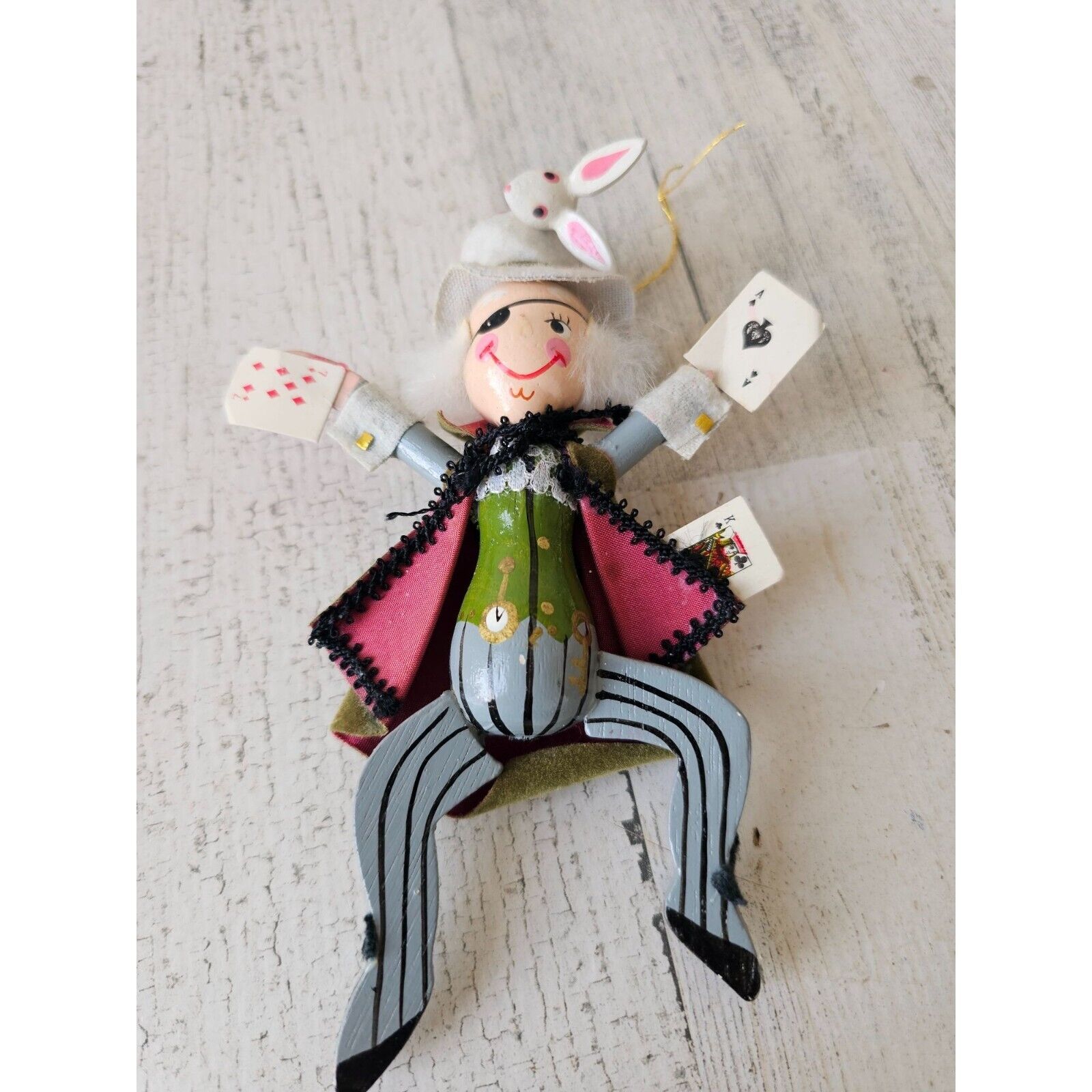 Vintage wooden Kurt Adler mad hatter Alice wonderland rabbit cards ornament magi