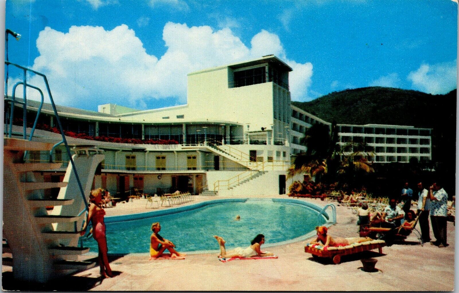 Vtg St Thomas Virgin Islands Virgin Isle Hotel Women at Pool 1950s Postcard